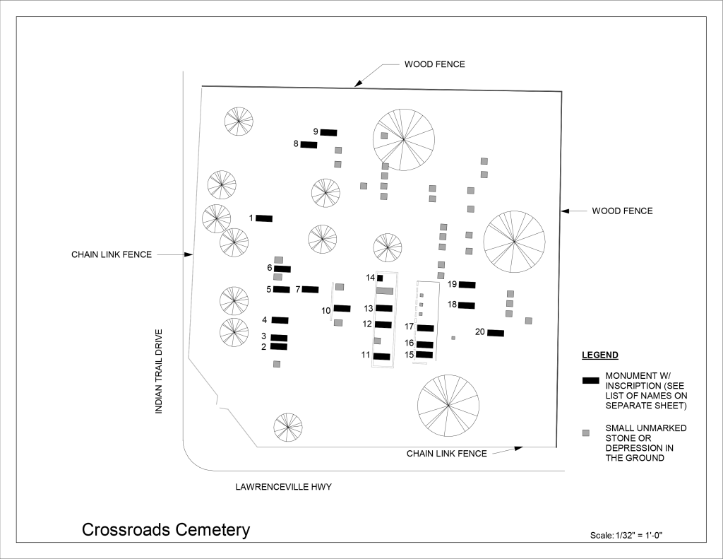 Map outline of Crossroads cemetery with graves marked by numbers.